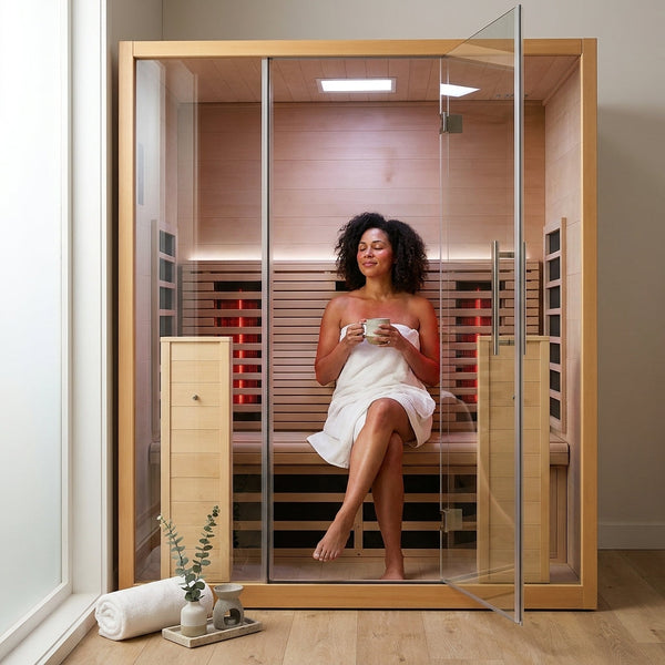 Infrared Sauna Cabin Built for Daily Wellness, Canadian Hemlock Wood, Red Light Therapy, Ergonomic Design